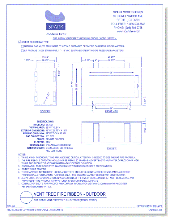 Fire Ribbon Vent Free 3' Vu Thru Outdoor ( Model SS36ST )