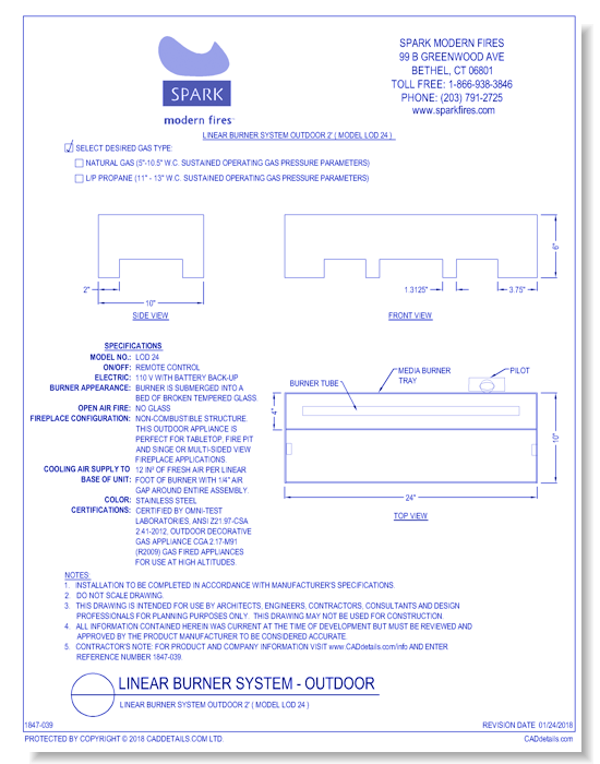 Linear Burner System Outdoor 2' ( Model LOD 24 )