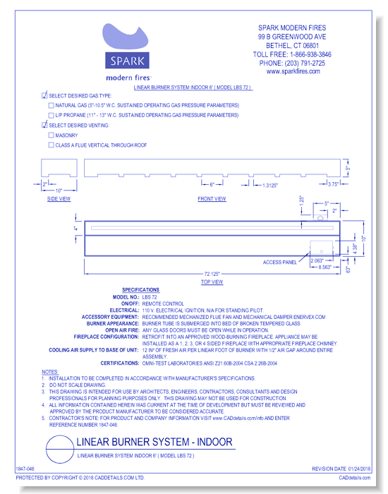 Linear Burner System Indoor 6' ( Model LBS 72 )