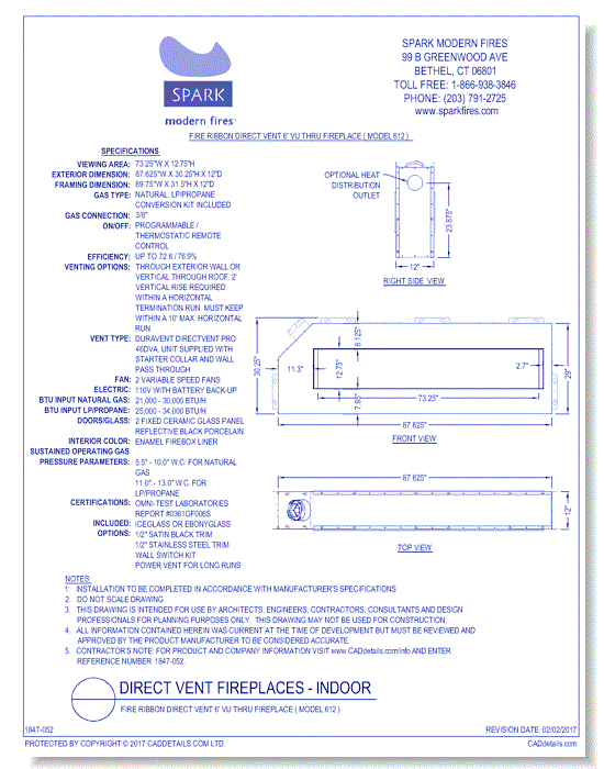 Fire Ribbon Direct Vent 6' Vu Thru Fireplace ( Model 612 )