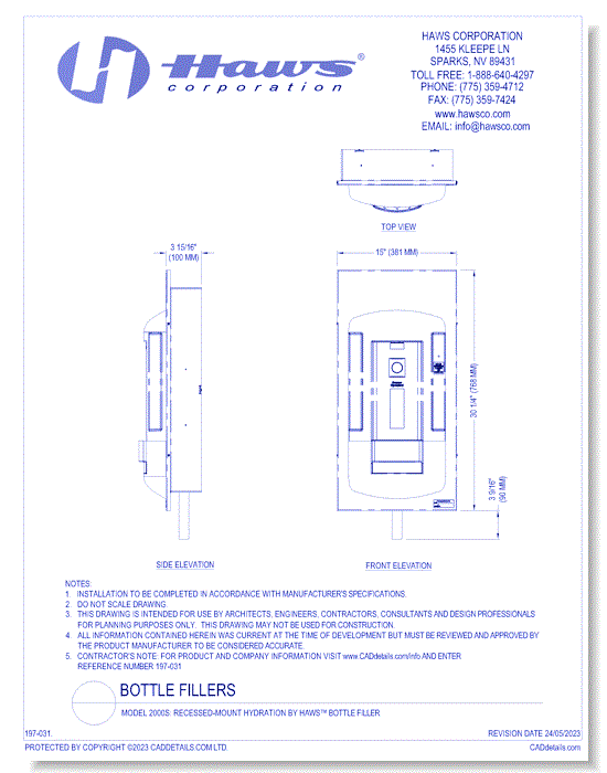 Model 2000S: Recessed-Mount Hydration By Haws™ Bottle Filler