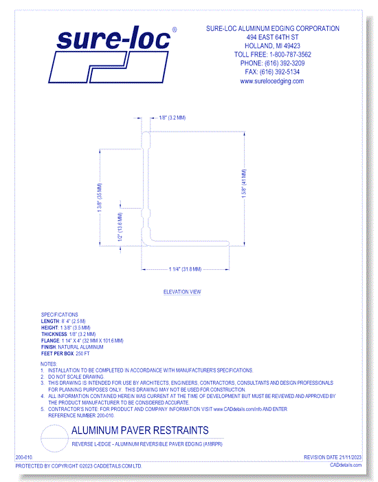 Reverse L-Edge - Aluminum Reversible Paver Edging (A18RPR)