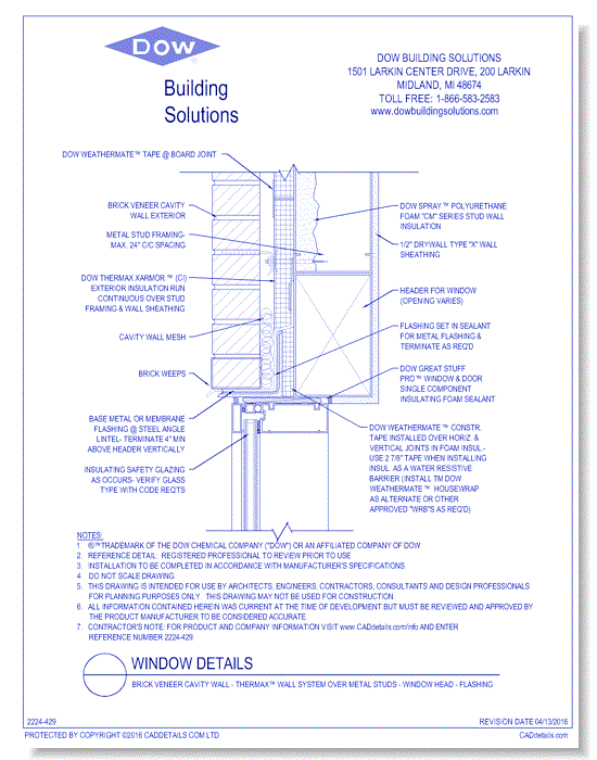 Brick Veneer Cavity Wall - THERMAX™ Wall System over Metal Studs - Window Head - Flashing (C0044)