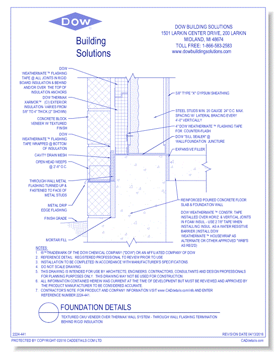 Textured CMU Veneer over THERMAX Wall System - Through Wall Flashing Termination Behind Rigid Insulation (C0084)