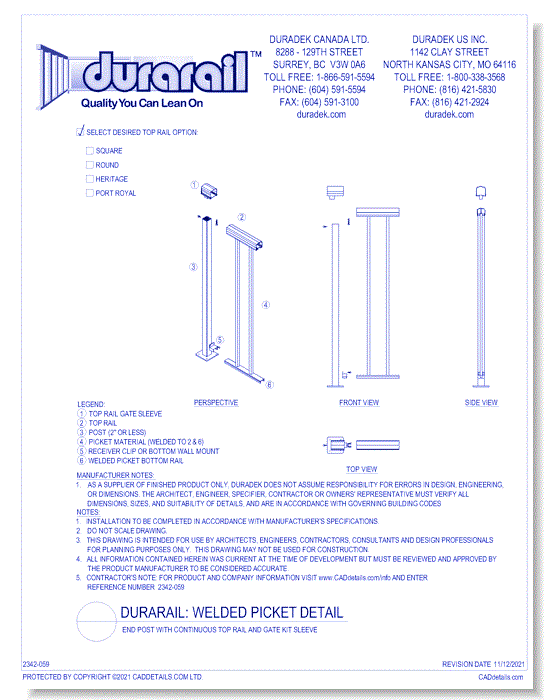 Welded Picket Detail - End Post with Continuous Top Rail and Gate Kit Sleeve