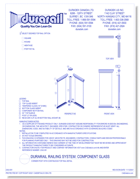 Component Glass Detail - Corner Post with Continuous Top Rail