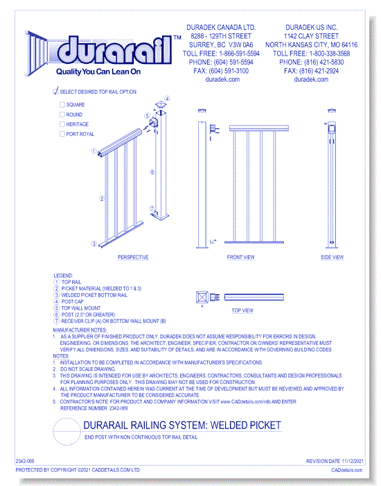 Welded Picket Detail - End Post with Non Continuous Top Rail