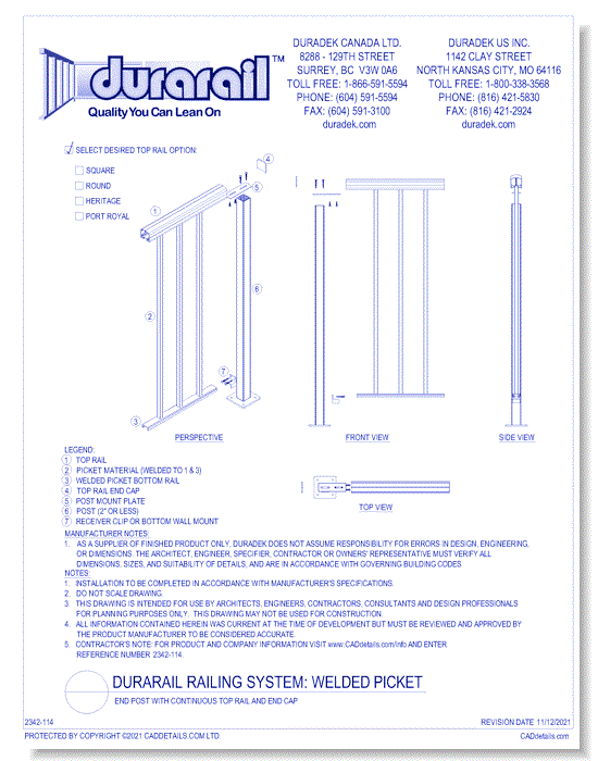 Welded Picket Detail - End Post with Continuous Top Rail and End Cap