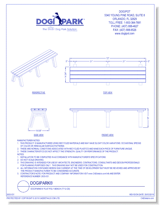 DOGIPARK® 6' Flat Poly Bench ( 7712-GS )