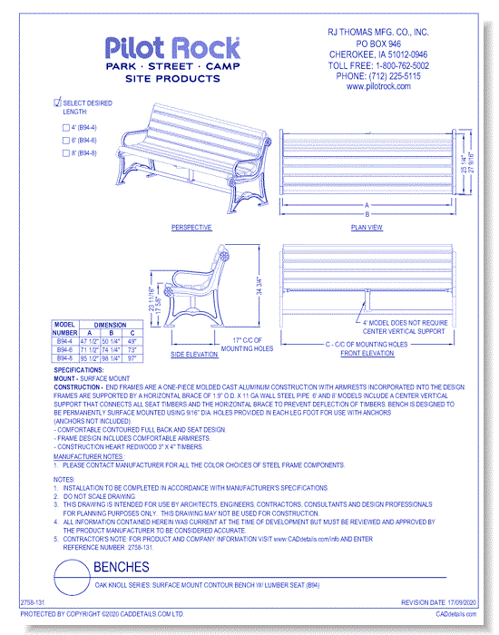 Oak Knoll Series: Surface Mount Contour Bench w/ Lumber Seat (B94)