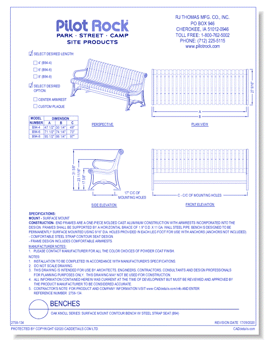 Oak Knoll Series: Surface Mount Contour Bench w/ Steel Strap Seat (B94)