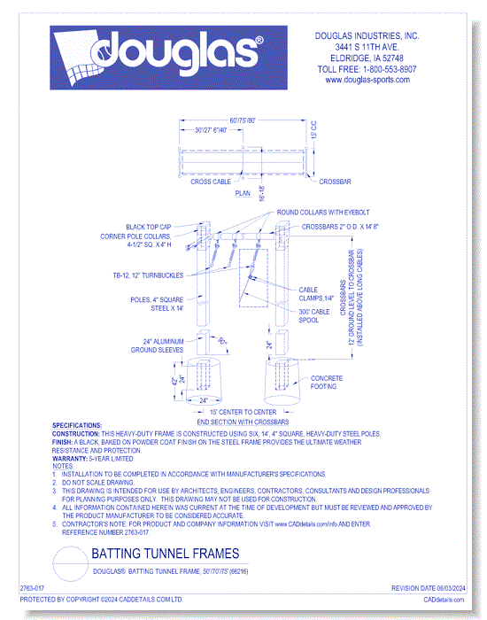 Douglas® Batting Tunnel Frame, 50'/70'/75'