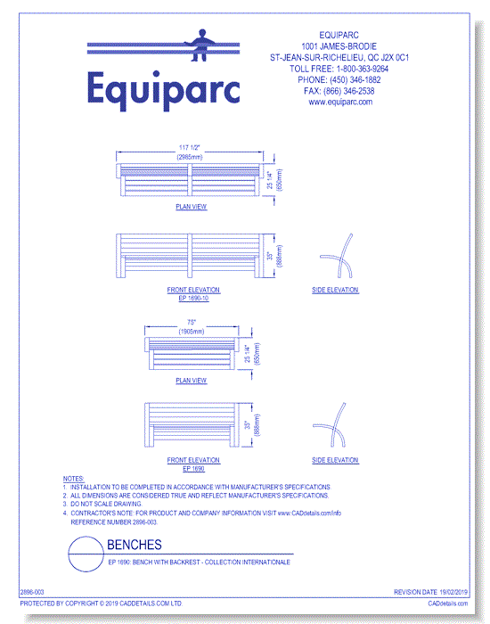 EP 1690: Bench With Backrest - Collection Internationale