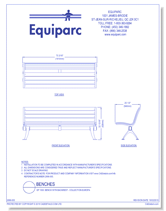 EP 1650: Bench With backrest - Collection Europa