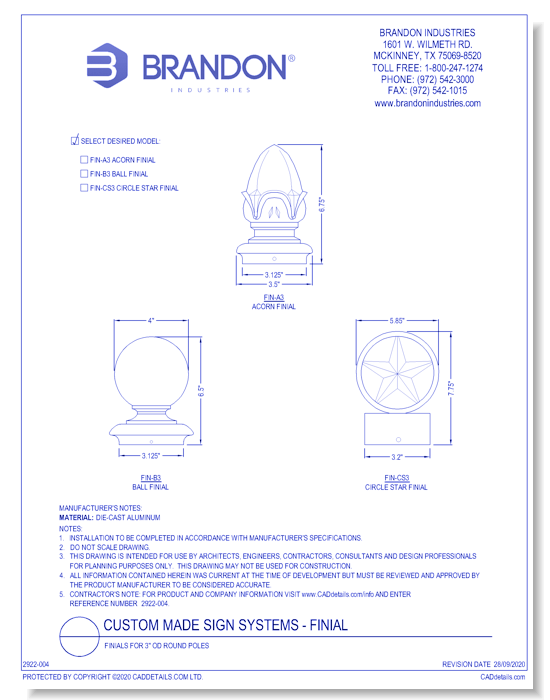 Finial: Selection For 3 Inch OD Round Poles