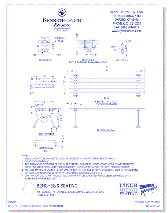 1964 World's Fair Backless Bench, Updated Design for Picnic Table Use ( 6746 )