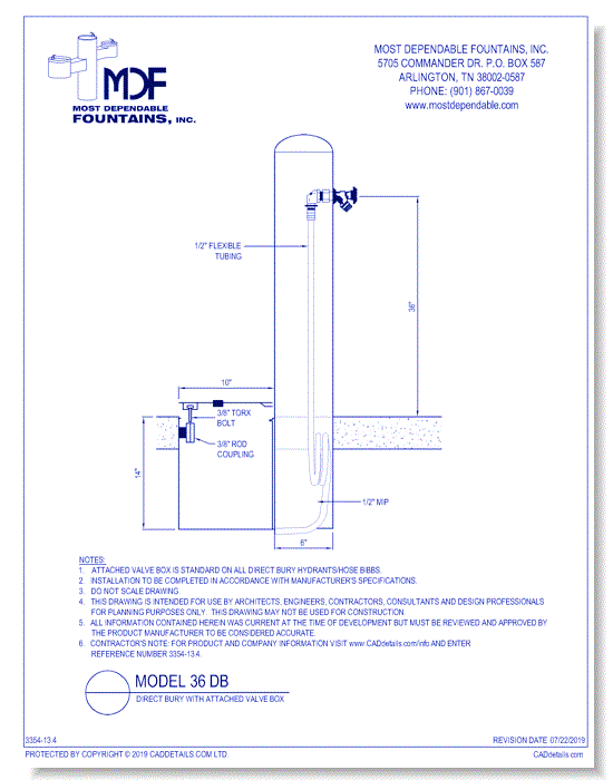 ** MDF 36 DB** Pedestal direct bury **Hydrant** at 36 Inch with attached valve box standard
