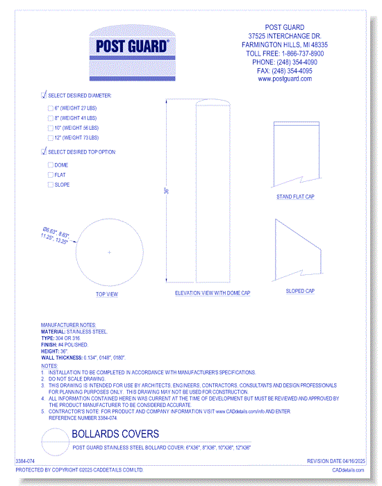 Post Guard Stainless Steel Bollard Cover: 6"x36", 8"x36", 10"x36", 12"x36"