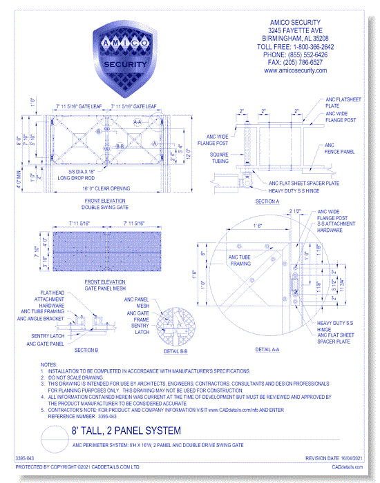 ANC Perimeter System: 8'H x 16'W, 2 Panel ANC Double Drive Swing Gate