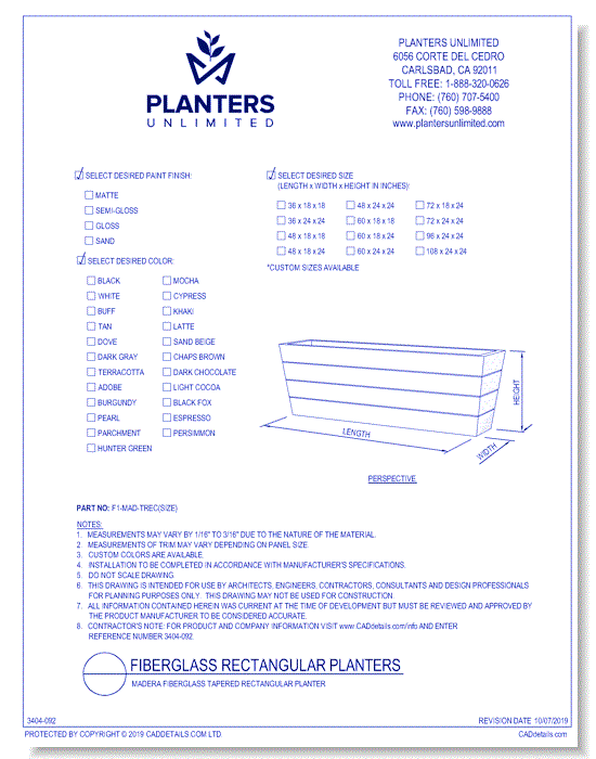 Madera Fiberglass Tapered Rectangular Planter