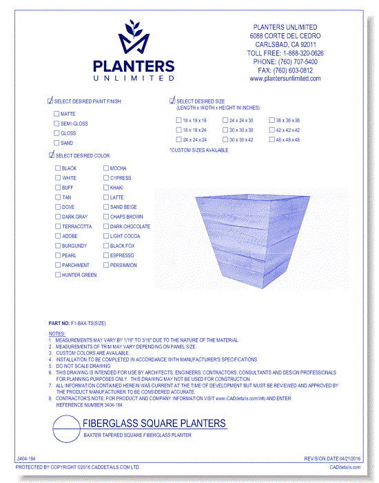 Baxter Tapered Square Fiberglass Planter  