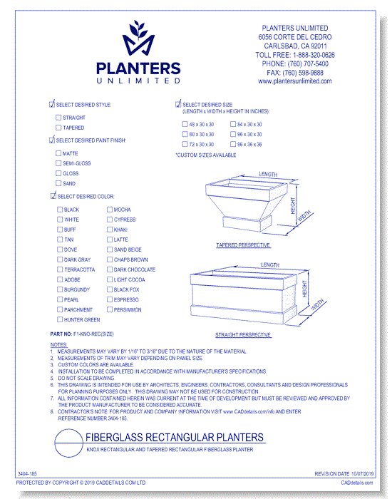 Knox Rectangular And Tapered Rectangular Fiberglass Planter 