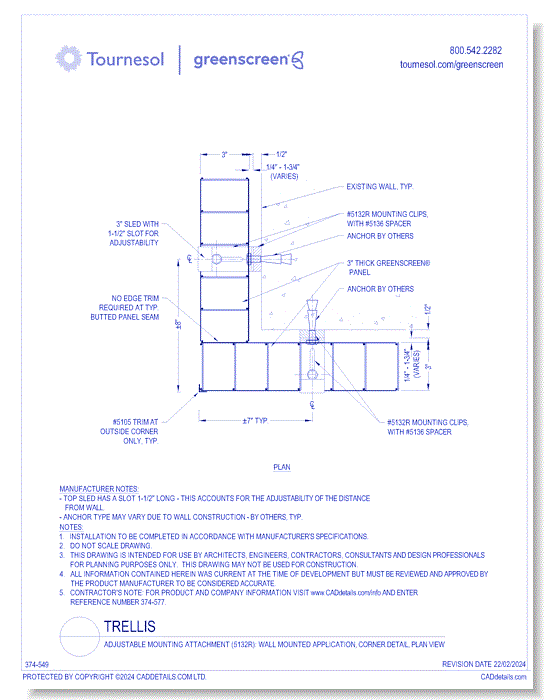 Adjustable Mounting Attachment (5132R): Wall Mounted Application, Corner Detail, Plan View