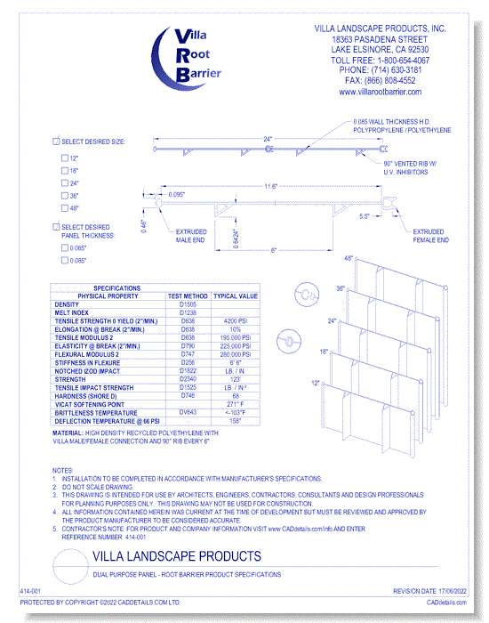 Dual Purpose Panel - Root Barrier Product Specifications