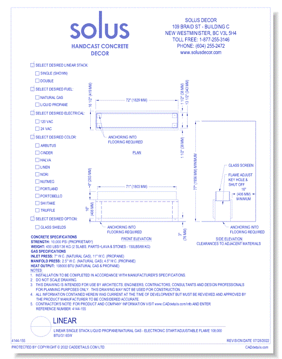 Linear Single Stack Liquid Propane/Natural Gas - Electronic Start/Adjustable Flame 108,000 BTU/31.65W