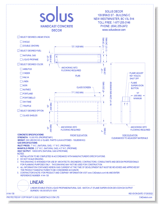 Linear Double Stack Liquid Propane/Natural Gas - Match Lit (Flame Supervision Device/High Output Burner) 108,000 BTU/31.65W