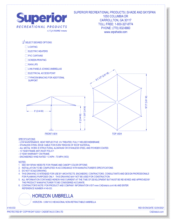 Horizon - 5.6M/18.3 Hexagonal Non-Retractable Umbrella