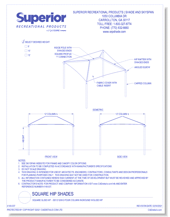 12' x 12' Square Shade with 8' Height, Glide Elbow™, and In-Ground Mount