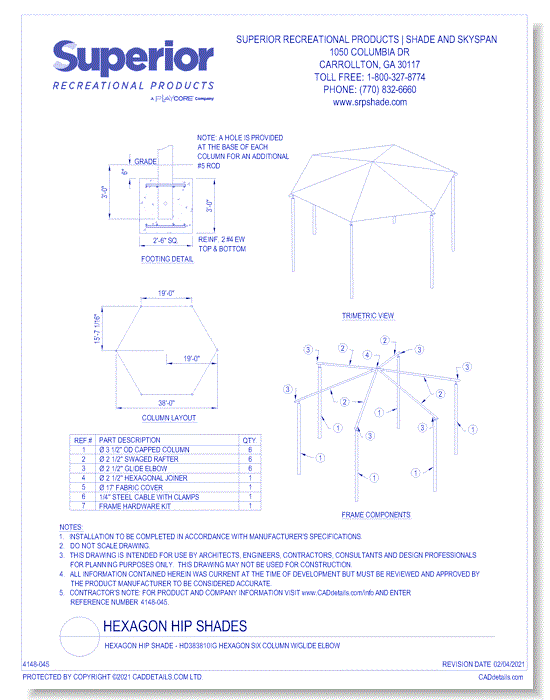 38' Hexagon Shade with 10' Height, Glide Elbow™, and In-Ground Mount