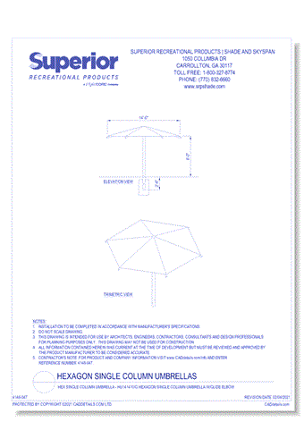 14' Hexagon Umbrella with 10' Height, Glide Elbow™, and In-Ground Mount