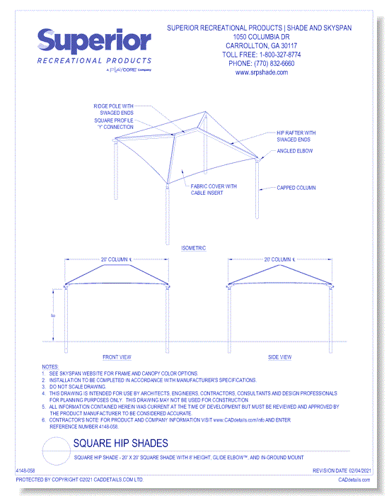 20' x 20' Square Shade with 8' Height, Glide Elbow™, and In-Ground Mount