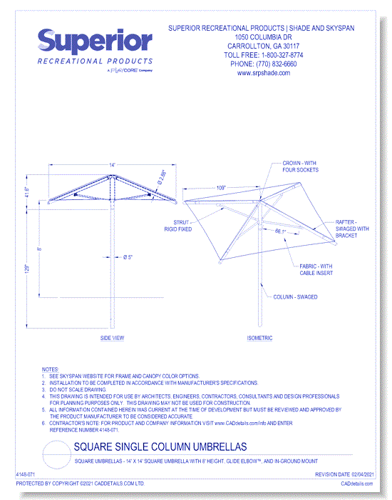 14' x 14' Square Umbrella with 8' Height, Glide Elbow™, and In-Ground Mount