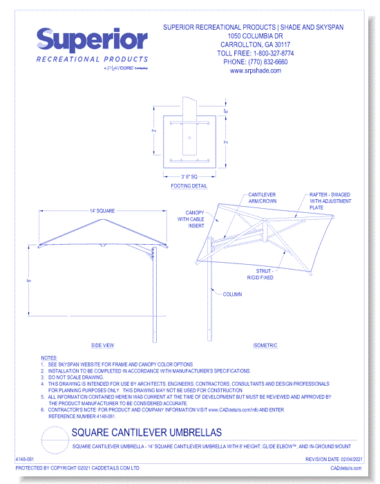 14' Square Cantilever Umbrella with 8' Height, Glide Elbow™, and In-Ground Mount