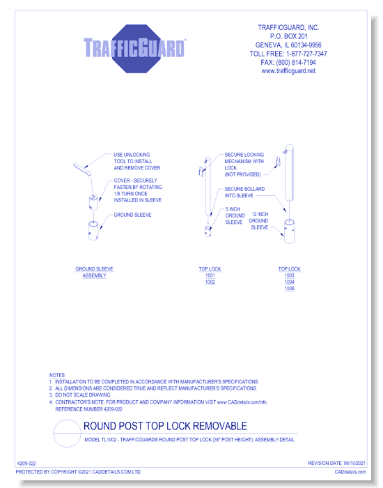 Model TL1002: TrafficGuard® Round Post Top Lock (36" post height), Assembly Detail