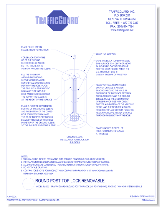 Model TL1002: TrafficGuard® Round Post Top Lock (36" post height), Footing / Anchor System Details