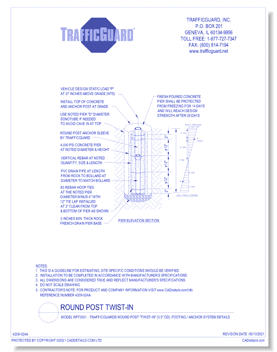 Model RPT3501: TrafficGuard® Round Post "Twist-In", Footing / Anchor System Details