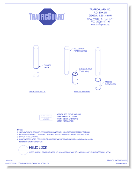 Model HL2002L: TrafficGuard® Helix Lock Removable Bollard (36" post height ) Assembly Detail