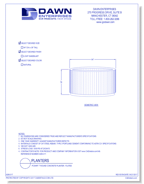 PC84RF: 7' Round Concrete Planter - Fluted