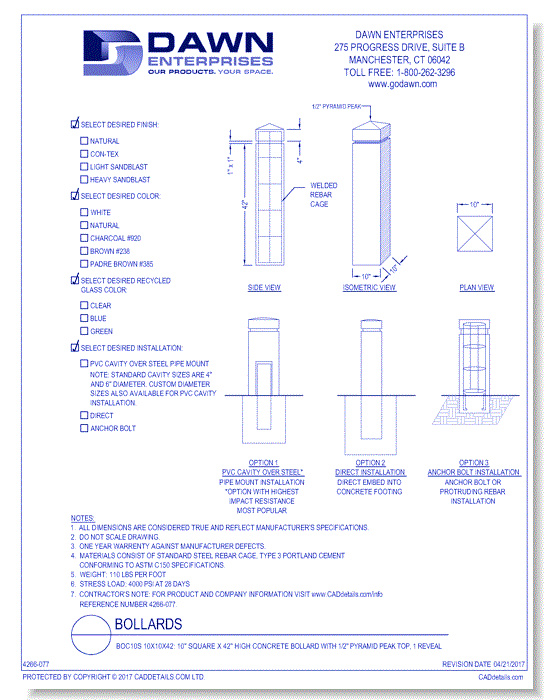 BOC10S 10x10x42: 10" Square x 42" High Concrete Bollard with 1/2" Pyramid Peak Top, 1 Reveal