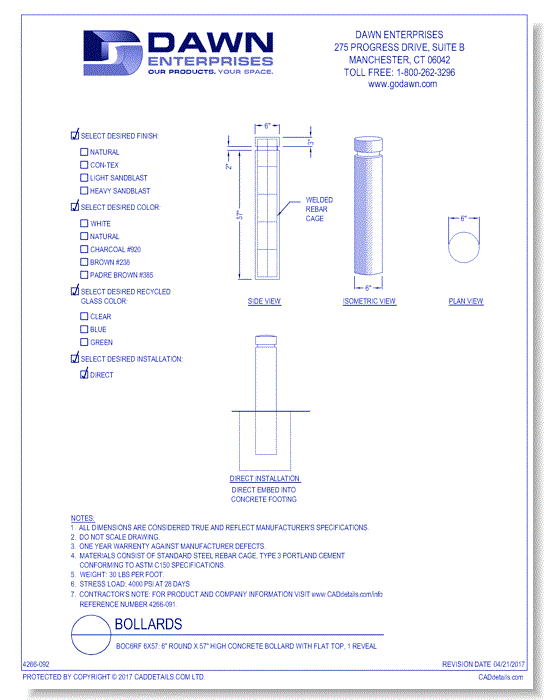 BOC6RF 6x57: 6" Round x 57" High Concrete Bollard with Flat Top, 1 Reveal