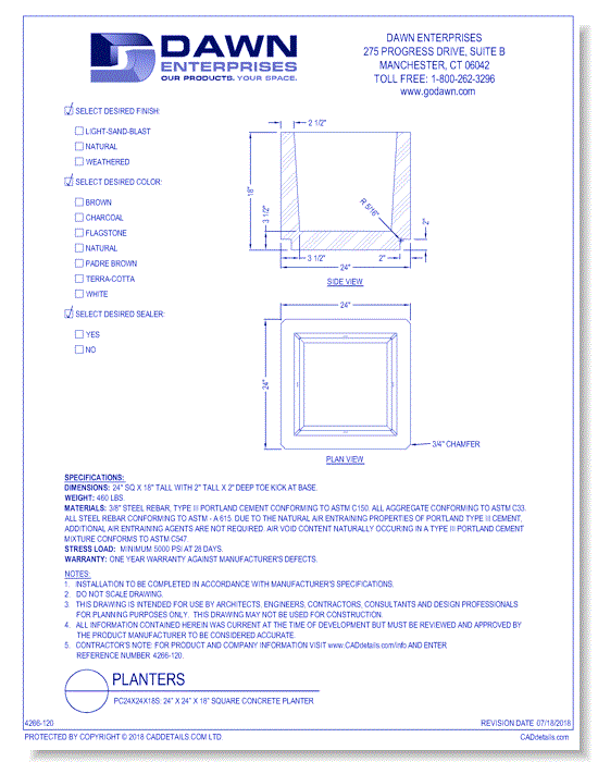 PC24x24x18S: 24” x 24” x 18” Square Concrete Planter