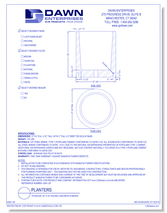 PC28x32R: 28” x 32” Round Concrete Planter