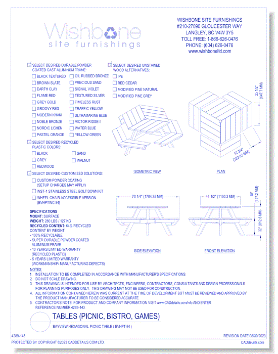 Bayview Hexagonal Picnic Table ( BVHPT-84 )