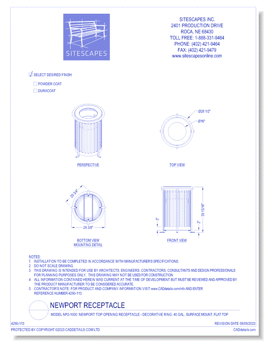 Model NP2-1000: NewPort Top Opening Receptacle - Decorative Ring, 40 Gal., Surface Mount, Flat Top