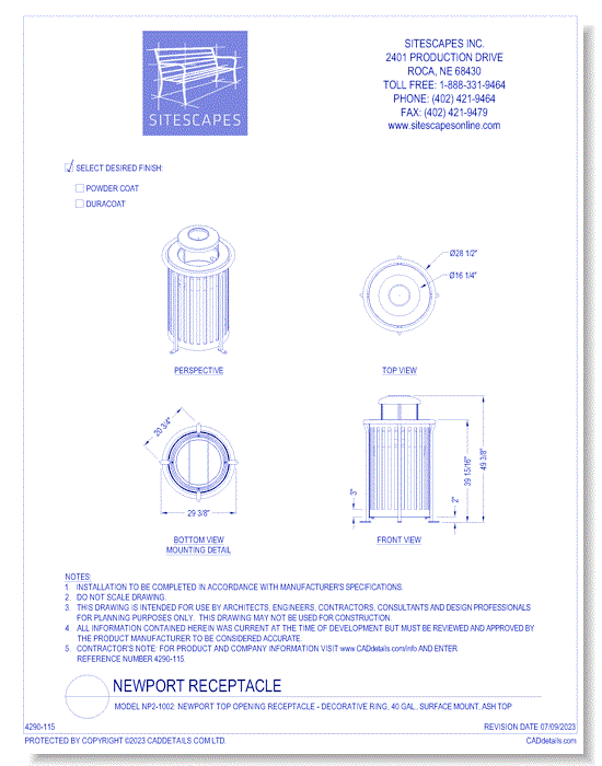 Model NP2-1002: NewPort Top Opening Receptacle - Decorative Ring, 40 Gal., Surface Mount, Ash Top