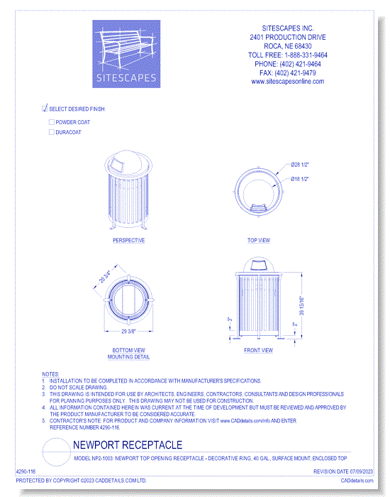 Model NP2-1003: NewPort Top Opening Receptacle - Decorative Ring, 40 Gal., Surface Mount, Enclosed Top